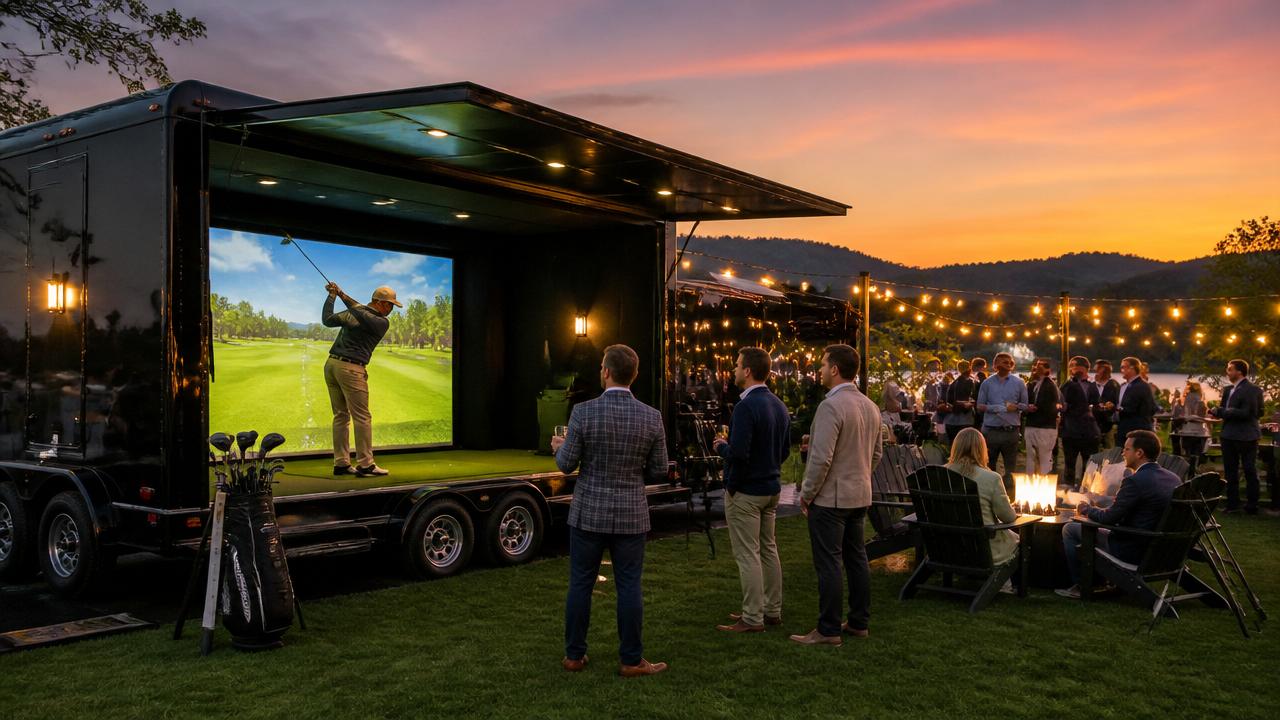 Mobile golf simulator at an outdoor corporate event